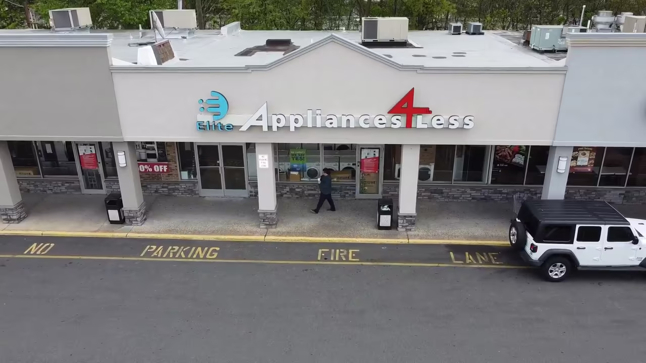 Aerial view of the Elite Union Appliances 4 Less storefront on Main Street in Belleville